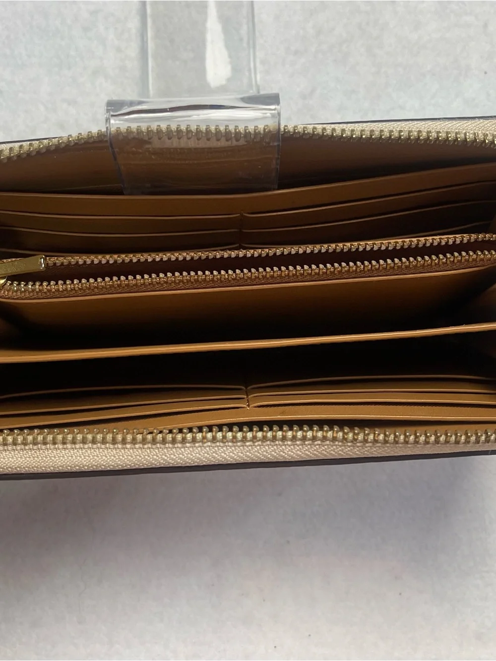 Coach Signature Zip-Around Wallet in Beige and Light Brown with Gold Hardware